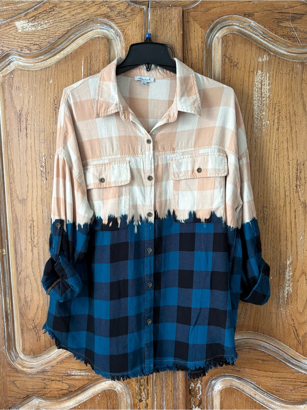 White Birch Deep Dye Plaid Flannel Button Down Frayed Hem Top - Large